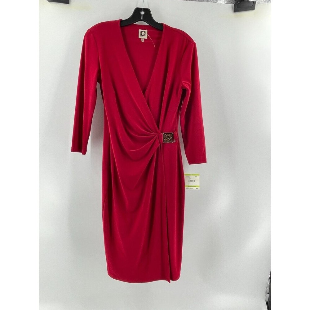 NWT Anne Klein Women's Long Sleeve Red V Neck Party Wrap Dress Size 4 - Picture 2 of 12